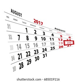 20 August highlighted on calendar 2017. Week starts from Monday. Vector Illustration.