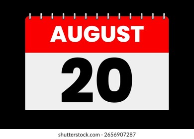20 de agosto Mes Vector de un solo día, ilustración, calendario con rojo, blanco y negro Icono de calendario de fondo de color del 20 de agosto