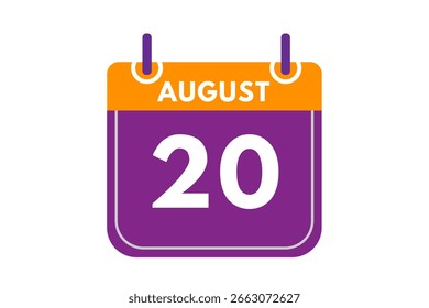 20 august month single day vector, illustration, calendar with orange, purple, ash and white color background calendar icon of august 20