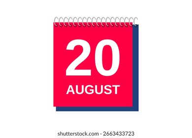 20 de agosto Mes Vector de un solo día, ilustración, calendario con rojo, azul y blanco Icono de calendario de fondo de color del 20 de agosto