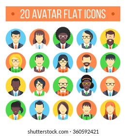 20 avatar flat icons. Male and female faces. Colorful flat avatars graphic for web banners, web sites, printed materials, infographics. Modern vector flat illustrations isolated on white background