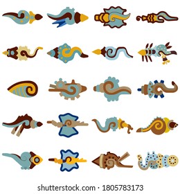 20 aztec sea shells glyphs, flat illustration