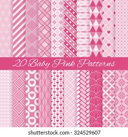 20 Baby pink seamless patterns. Vector illustration for cute design. Fond pink and white colors. Endless texture can be used for printing onto fabric and paper or invitation. Abstract geometric shapes