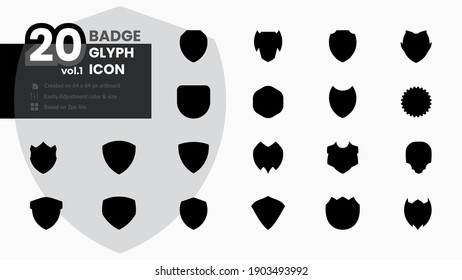 20 Badge Glyph Icons illustration. A vector graphic of Badge shield, to symbolize defense, protection, security, safety, solid icon, perfect for logo badge, vintage, emblems, sports club, e-sport