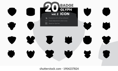 20 Badge Glyph Icons illustration. A vector graphic of Badge shape, to symbolize defense, protection, security, safety, solid icon, perfect for logo badge, emblems, sports club, e-sport, motor club