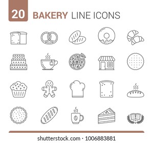 20 Bakery line icons - bread, pies, cookies, donuts and others, vector eps10 illustration