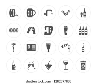 20 Barrel, Pint of beer, Bunch grapes, Glasses with wine, Wine bottle, Glass wine modern icons on round shapes, vector illustration, eps10, trendy icon set.