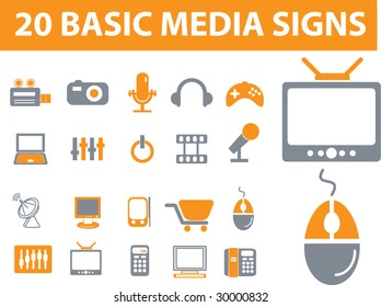 20 basic media vector icons set