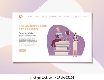 The 20 best books for teachers landing page template. Top rated books for professional teacher development and career growth. Young smiling woman and man reading books cartoon vector illustration.