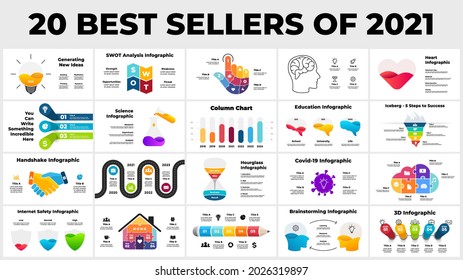 20 best sellers of 2021. Infographic presentation templates. From business, creative thinking and digital to education, medicine or science. Diagrams, charts, illustrations collection. 