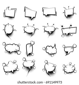 20 Big set picture blank template pop art style comic text speech bubble halftone dot background. Comics book dialog empty cloud, space cartoon box pop-art.