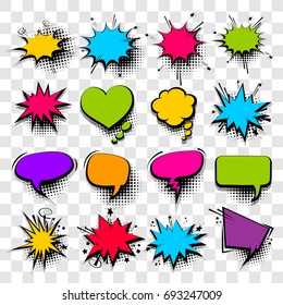 20 Big set picture blank template pop art style comic text speech bubble halftone dot background. Comics book dialog empty cloud, space cartoon box pop-art. Creative idea conversation sketch explosion