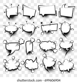 20 Big set picture blank template pop art style comic text speech bubble halftone dot background. Comics book dialog empty cloud, space cartoon box pop-art. Creative idea conversation sketch explosion