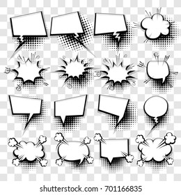 20 Big set picture blank template pop art style comic text speech bubble halftone dot background. Comics book dialog empty cloud, space cartoon box pop-art. Creative idea conversation sketch explosion