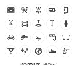 20 Billiard, Tennis racket, Zorbing, Forest, Cup, Climbing, Pogo stick, Bungee jumping, Buggy, Dumbbell modern icons on round shapes, vector illustration, eps10, trendy icon set.