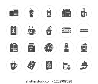 20 Biscuit, Beverage, Invoice, Burrito, Tea, Coffee cup, Hot dog, Doughnut, Take away, Tea modern icons on round shapes, vector illustration, eps10, trendy icon set.