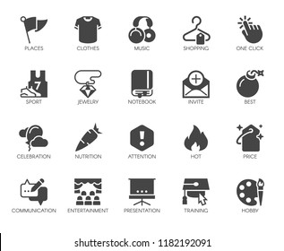 20 black flat icons on sports, lifestyle, hobbies, online shopping and education theme. Graphic labels or buttons for thematic sites and mobile apps interfaces, game elements. Vector isolated