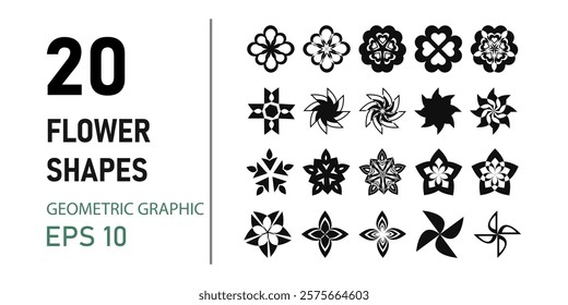 20 Black flower vector set feature abstract floral design silhouettes, and geometric patterns for decoration, logos ,stickers tattoo design projects minimalist botanical elements floral symmetrical 