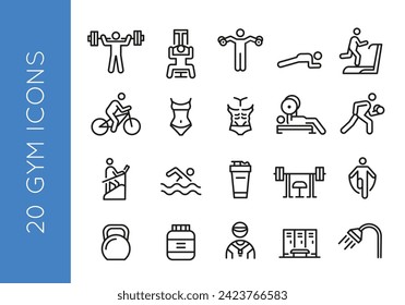 20 black line icons depicting various fitness activities and gym equipment on a white background for mobile, web application, promotional materials and SMM.Vector illustration