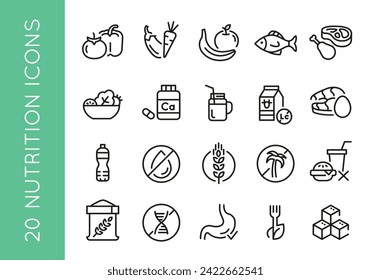 20 black line icons representing various nutrition elements and healthy foods on a white background for web,mobile, promotional materials, SMM. Vector illustration