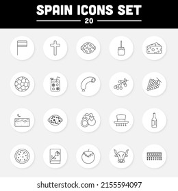 20 Black Linear Style Spain Icon Set On White Circle Background.