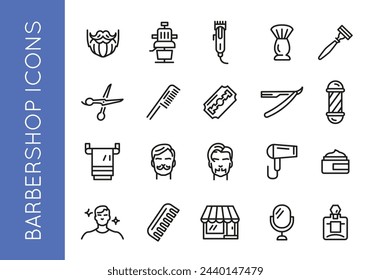 20 black outline icons for barbershops and related items, depicting hairdresser and barber accessories and activities. Ideal for web, mobile, promo materials, and social media. Vector illustration