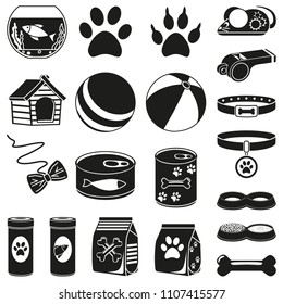 20 black and white pet shop silhouette elements. Domestic animals care vector illustration for icon, sticker, patch, label, badge, certificate or gift card decoration