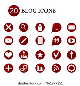 20 blog icons. The interface of the Internet site. Red round button with flat icons. Communication via the Internet. Vector illustration.