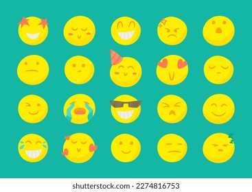 20 bright cartoon smiley faces. Large set of reactions.