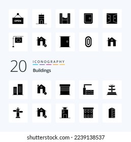 20 Edificios Icono de Glifo sólido Paquete como manantial de la fuente de la casa de la piscina del garaje