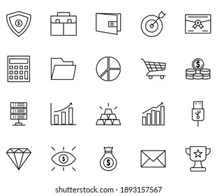 20 Business icon set outline style. Set includes icons as coin,server,gold bar,usb , Basket trolley,Chart pie,folder,Businesss graph,vision,money bag etc.