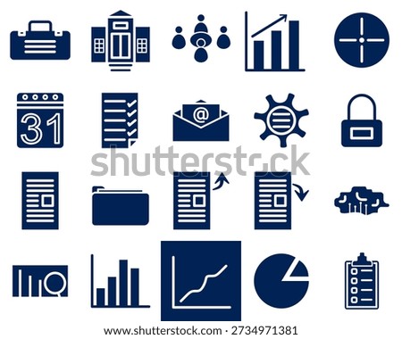 20 business solid  icons including briefcase,office, team, growth, target, calendar, invoice, email, setting, lock, document, folder, document upload and download, cloud, analytics, bar chart, line chart, pie chart , checklist