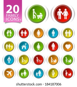 20 Buttons with Flat Family Icons on White Background 1.