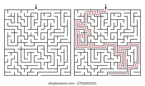 Jogo de labirinto retangular ortogonal 20 por 20 para adultos - Jogo de labirinto simples e fácil Vetor plano ilustração contorno preto e branco - Problem Solving Game kdp.