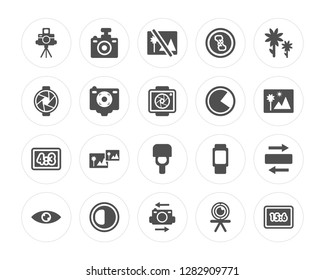 20 Camera Stand, Compact Camera, Flip Brightness Option, Eye, Macro, Three Quarters, Blitz Flash modern icons on round shapes, vector illustration, eps10, trendy icon set.