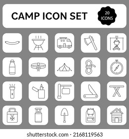 20 Camp Symbol Or Icon Set In Linear Style.