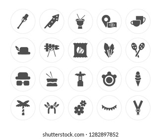 20 Cane, Fireworks, Flower, Headdress, Palm tree, Soft drink, Feathers, Christ the eemer, Costume, Xylophone modern icons on round shapes, vector illustration, eps10, trendy icon set.
