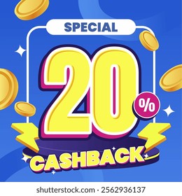 20% Cashback Promotion Design with Bold Typography and Floating Coins on Blue Background