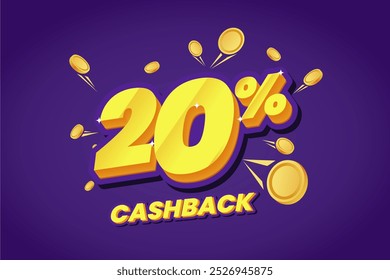 Banner promocional de cashback de 20% apresentando texto amarelo arrojado com efeitos brilhantes, rodeado por moedas de ouro flutuante em um fundo roxo vibrante. Perfeito para campanhas de vendas.