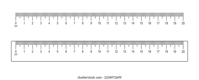 20 centimeters scale and ruler template isolated on white background. Math or geometric tool for distance, height or length measurement with markup and numbers. Vector outline illustration