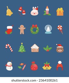 20 Christmas elements, a combination of Christmas stockings, Christmas trees, snowballs, teddy bears, rabbits, wool gloves, bells and gingerbread men, cartoon style icons