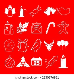 20 Christmas theme vector icon isolated on red backgroun, angel, candy, candle, berries, bell, balloon, deer, snowglobe, caendar,bird, letter vector illustration