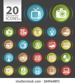 20 Circular Modern Elegant Buttons with Flat Multimedia Icons on Black Background 2.