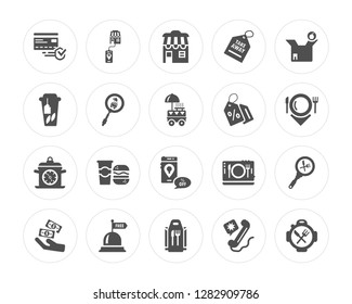 20 Cit card, Phone, Package, Free, Cash, Take away, Discount, Cooking time, Search modern icons on round shapes, vector illustration, eps10, trendy icon set.