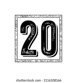 20 Classic Vintage Sport Jersey Uniform numbers in black with a black outside contour line number on white background for American football, Baseball and Basketball or soccer for shirt