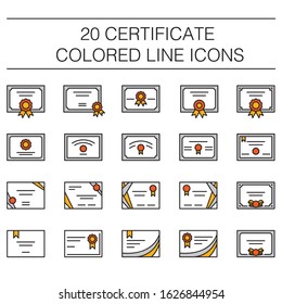20 clean simple coloured landscape vector certificate line art icons for presentations, curriculums, cv, websites, documents