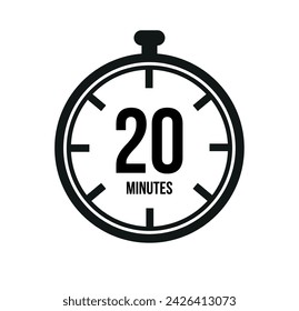 20 clock minutes timers. Time measure. Chronometer vector icon black isolated on white background.