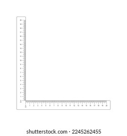 20 cm corner ruler template. Measuring tool with vertical and horizontal lines with centimeters and millimeters markup and numbers. Vector outline illustration isolated on white background