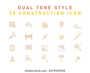 20 Collection Of Construction Icon, Repair Build Tool Stuff, Construction Object, Reconstruction Building Equipment. Dual Tone Icon