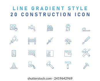 20 Collection Of Construction Icon, Repair Build Tool Stuff, Construction Object, Reconstruction Building Equipment. Line Gradien Icon
